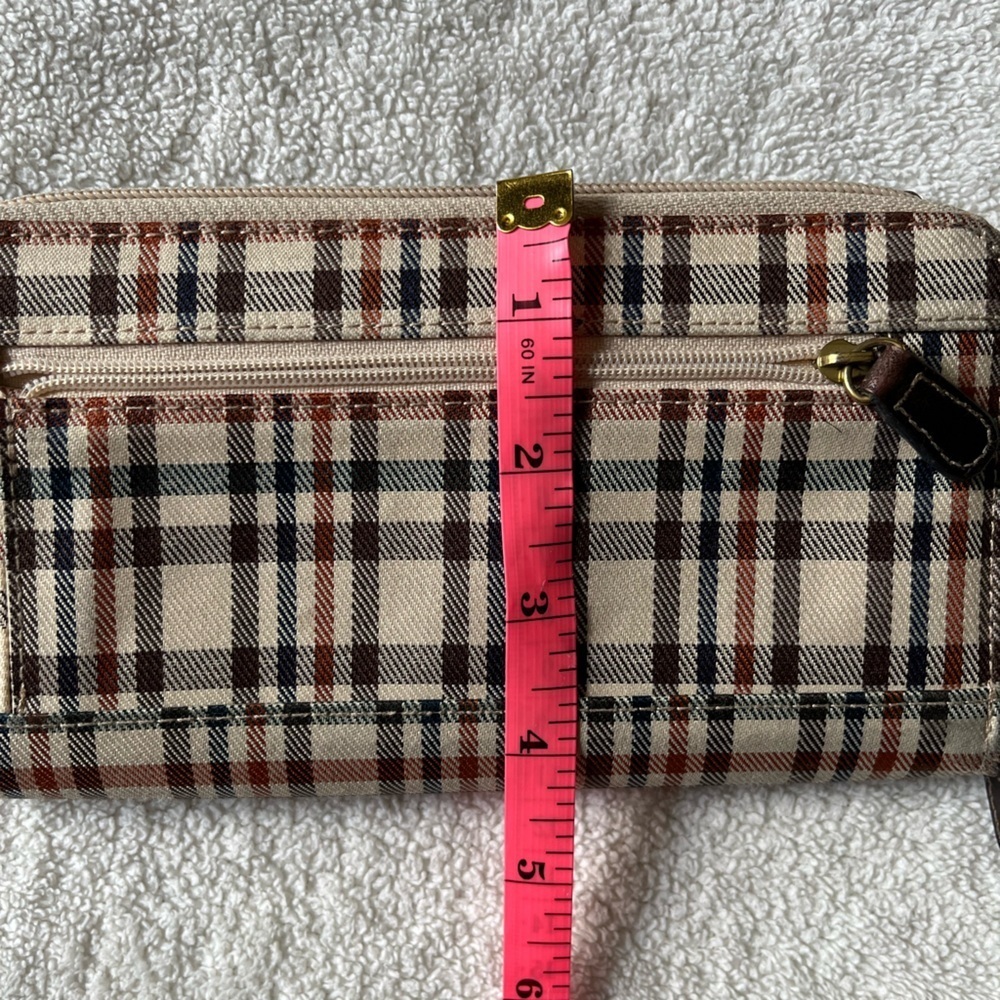 Villager Trifold Wallet, brown leather w brown red tan plaid. Cream interior - Picture 5 of 8